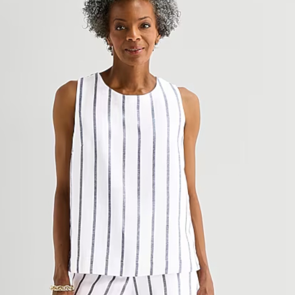 Liz Claiborne Linen Blend Sleeveless White Tank Style Top Stripes Sz L